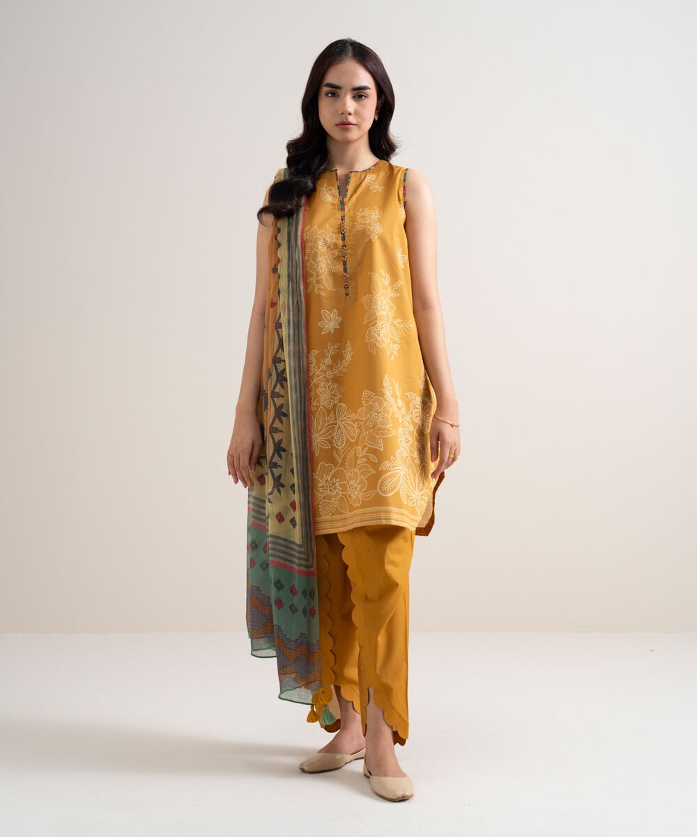 Women's Unstitched Lawn Printed Yellow 3 Piece Suit