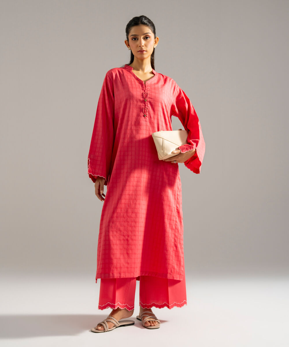 Women's RTW 3D dobby Solid Peach Straight Shirt