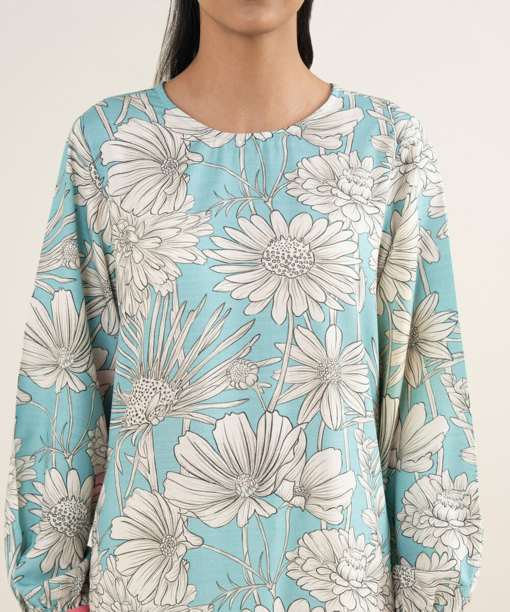 Women's RTW Herringbone Printed Blue A-Line Shirt