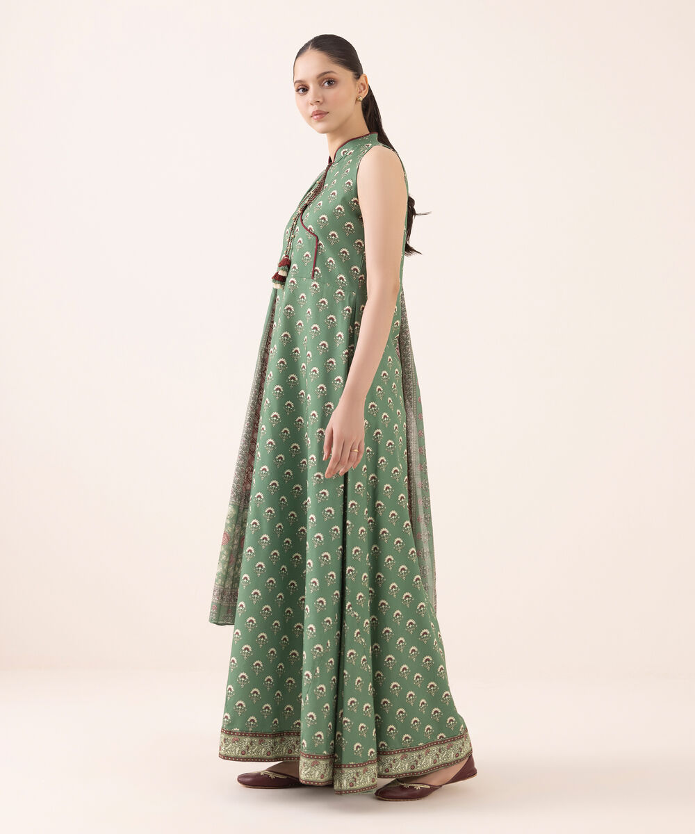 Women's Unstitched Arabic Lawn Printed Green 3 Piece Suit