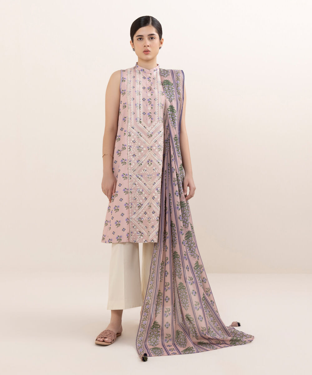 Women's Unstitched Cotton Embroidered Multi Two Piece Suit