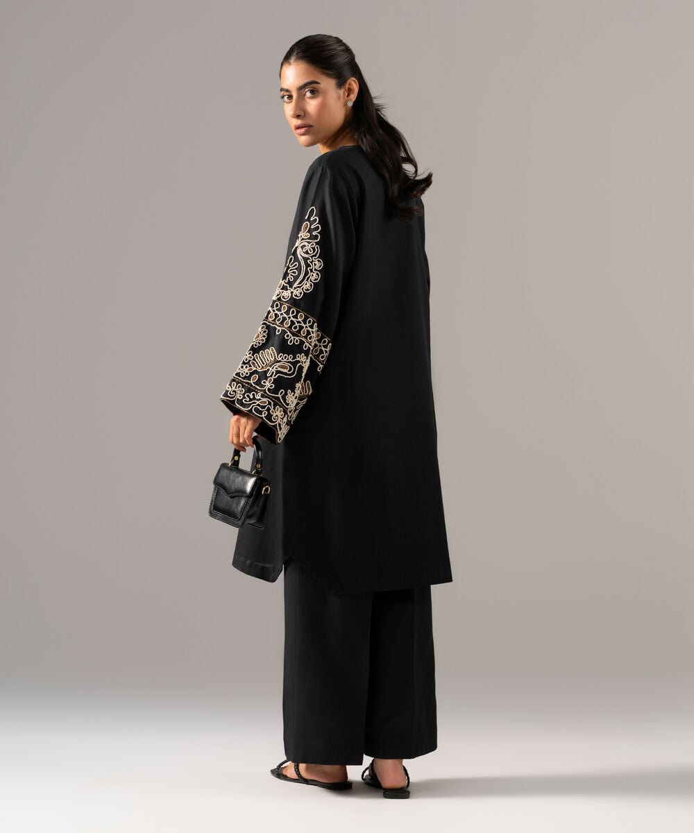 Women's RTW Cotton Linen Embroidered Black 2 Piece Suit