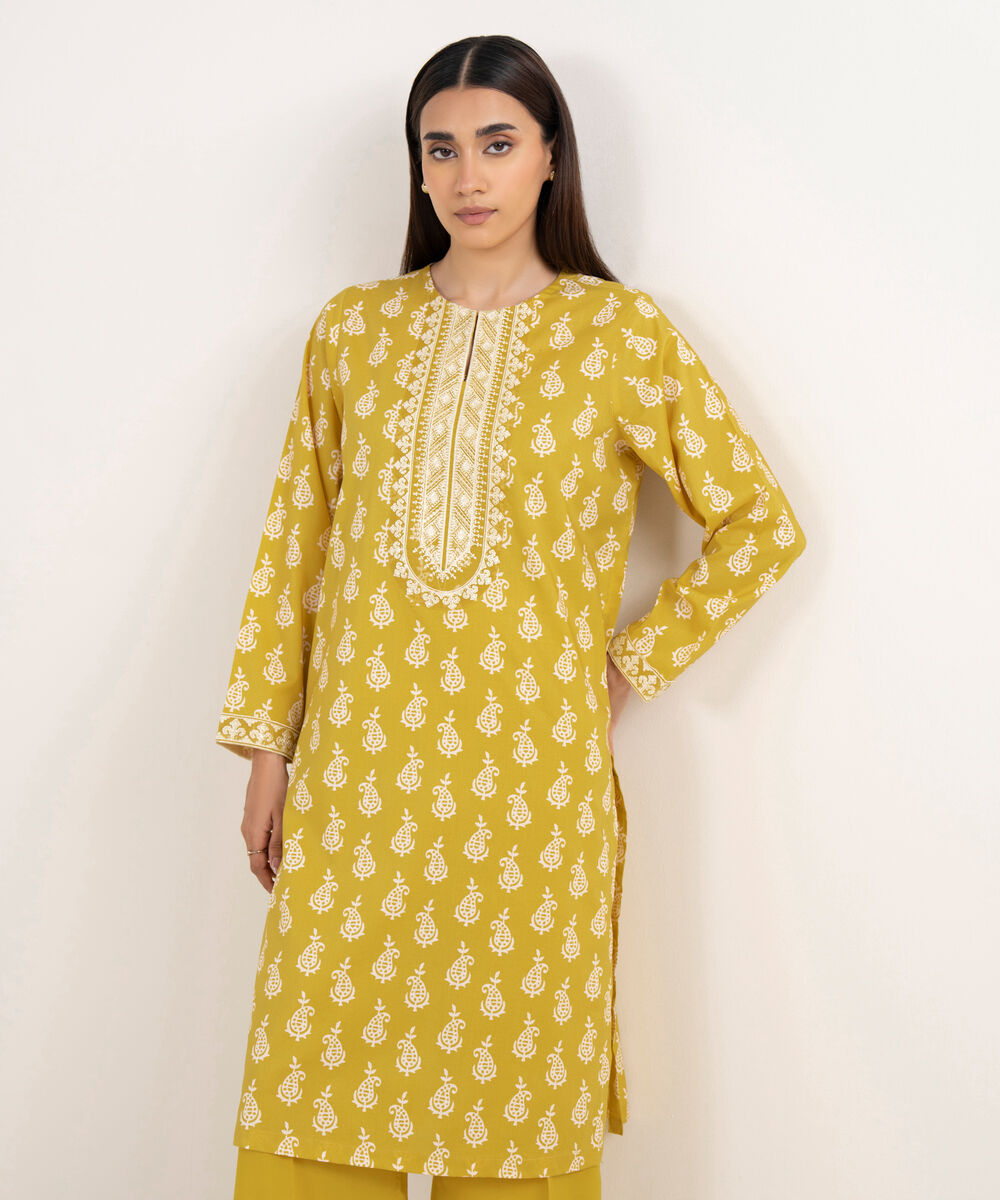 Women's RTW Lawn Yellow Embroidered A-Line Shirt