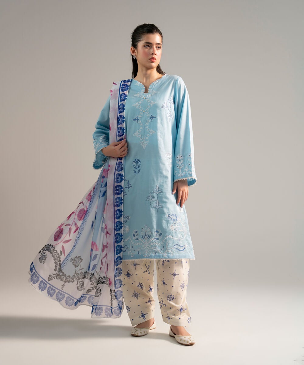 Women's RTW Dobby Embroidered Light Blue 3 Piece Suit