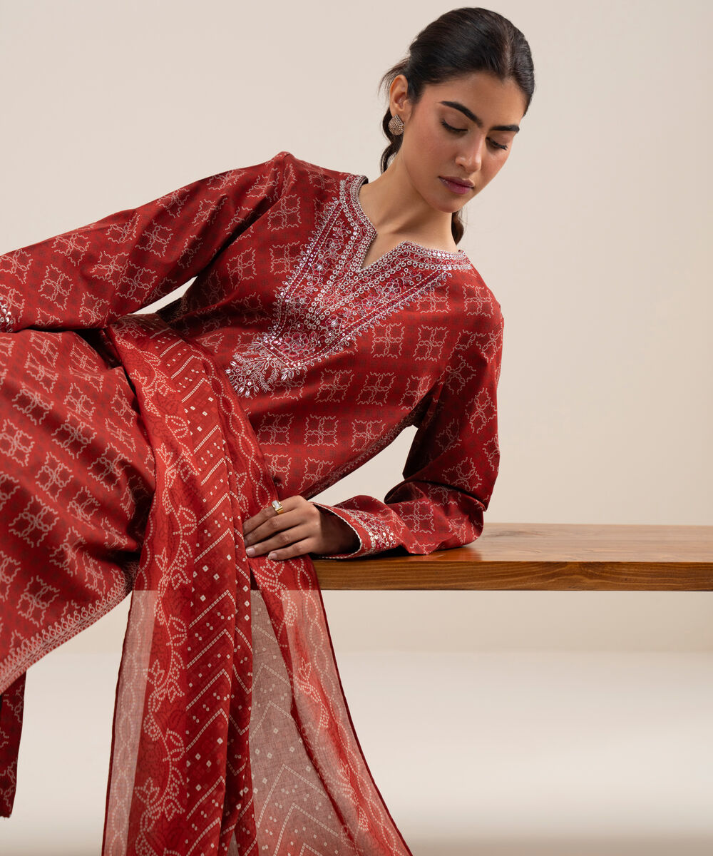 Women's Unstitched Lawn Embroidered Red 3 Piece Suit