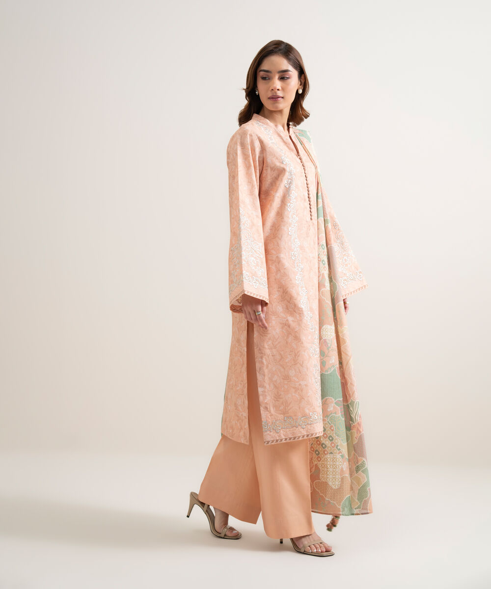 Women's Unstitched Lawn Embroidered Peach 3 Piece Suit