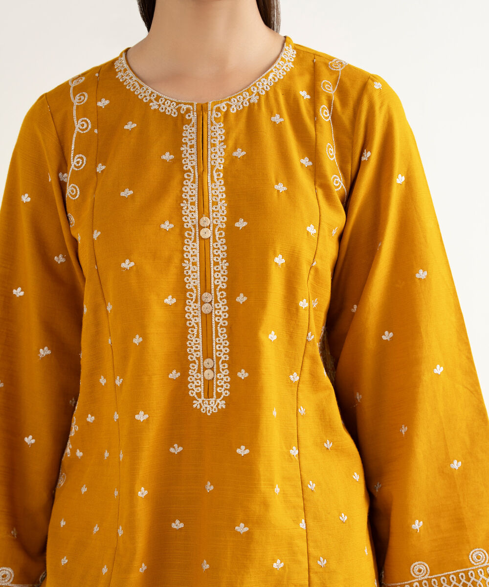 Women's RTW Khaddar Embroidered Mustard Straight Shirt