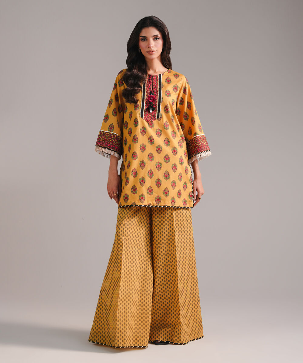 Women's RTW Textured Cotton Printed Mustard 2 Piece Suit