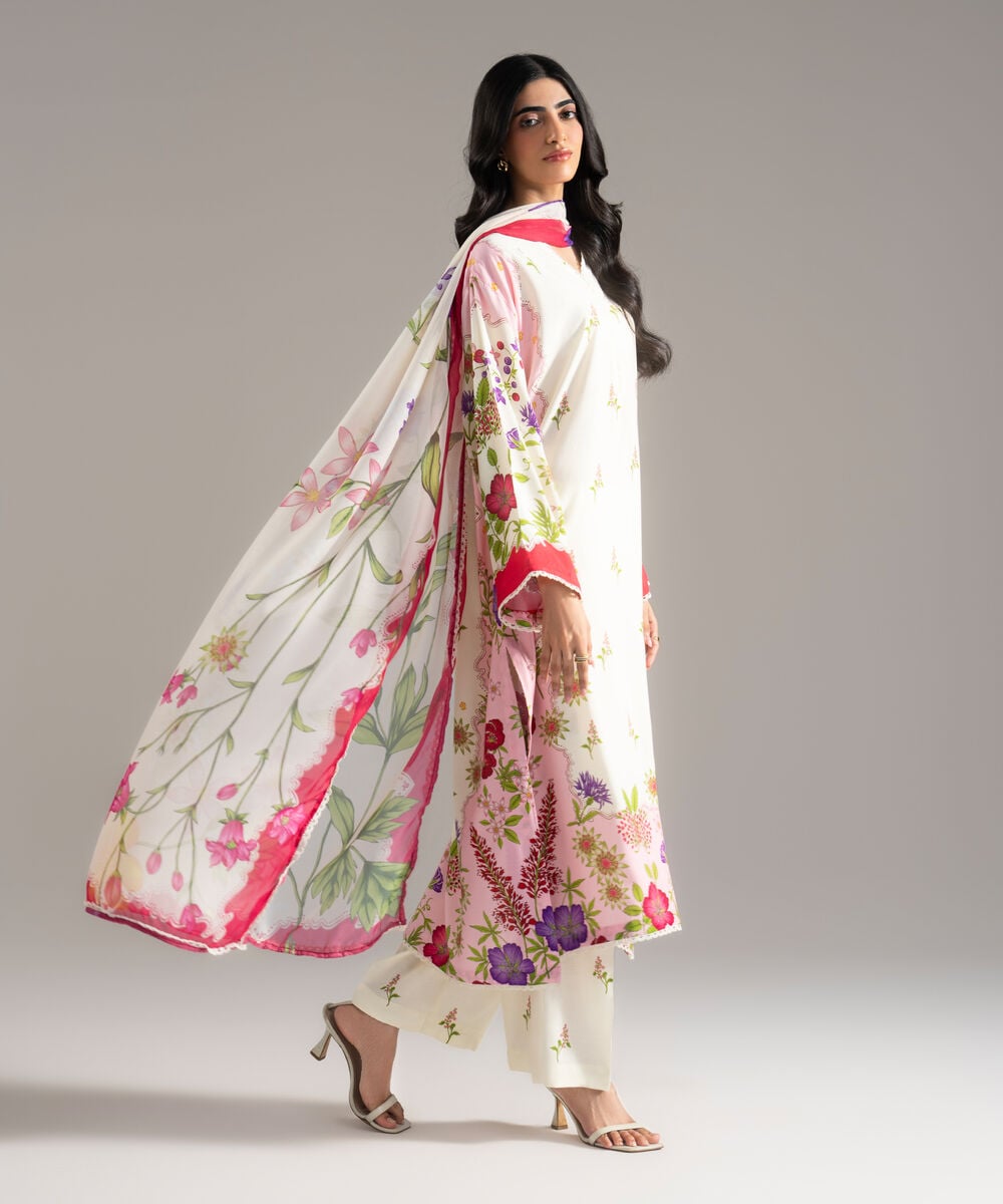 Women's RTW Viscose Raw Silk Printed Off White 3 Piece Suit