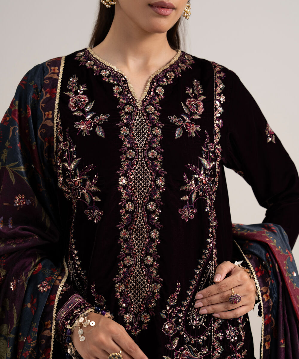 Women's Unstitched Embroidered Velvet Red 3 Piece Suit