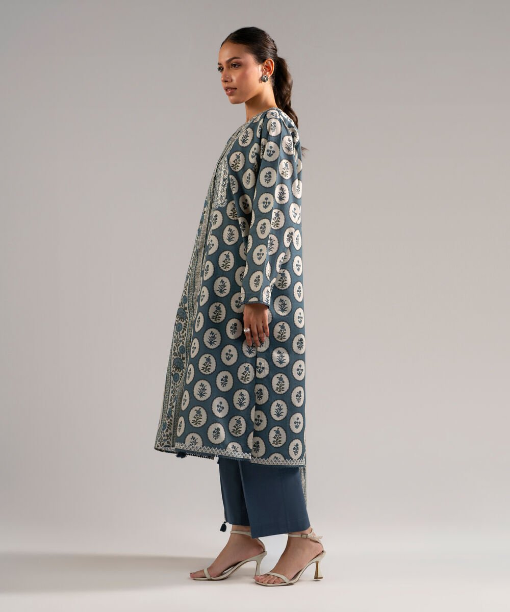 Women's RTW Slub Lawn Embroidered Blue 3 Piece Suit