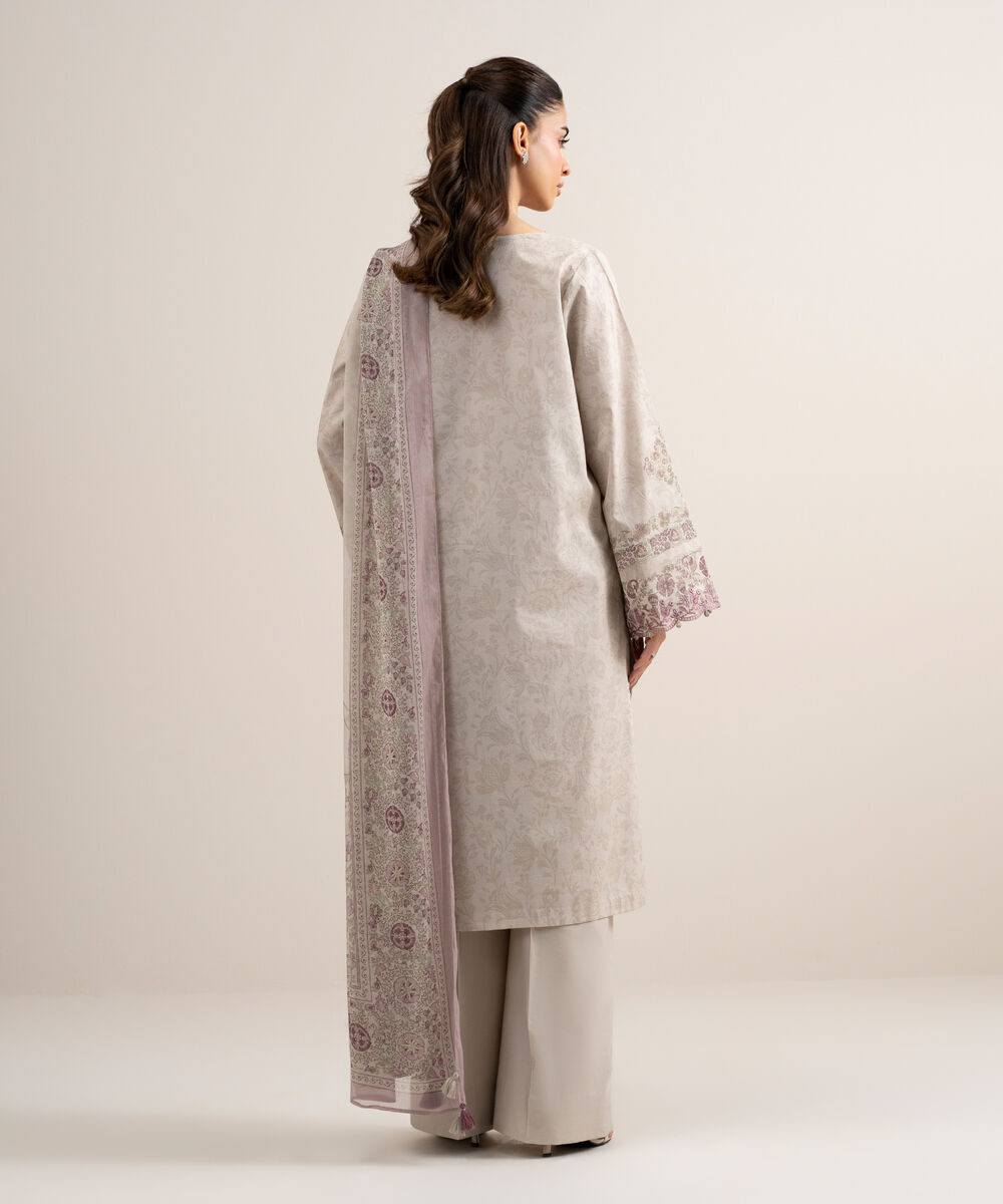 Women's Unstitched Lawn Embroidered Beige 3 Piece Suit