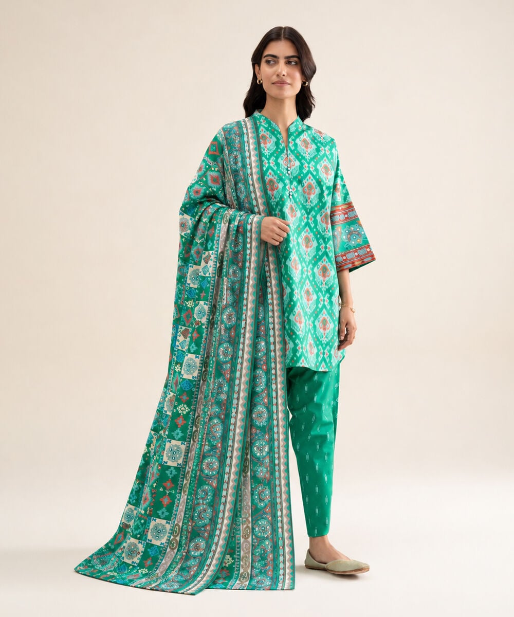 Women's Unstitched Cotton Printed Blue 3 Piece Suit