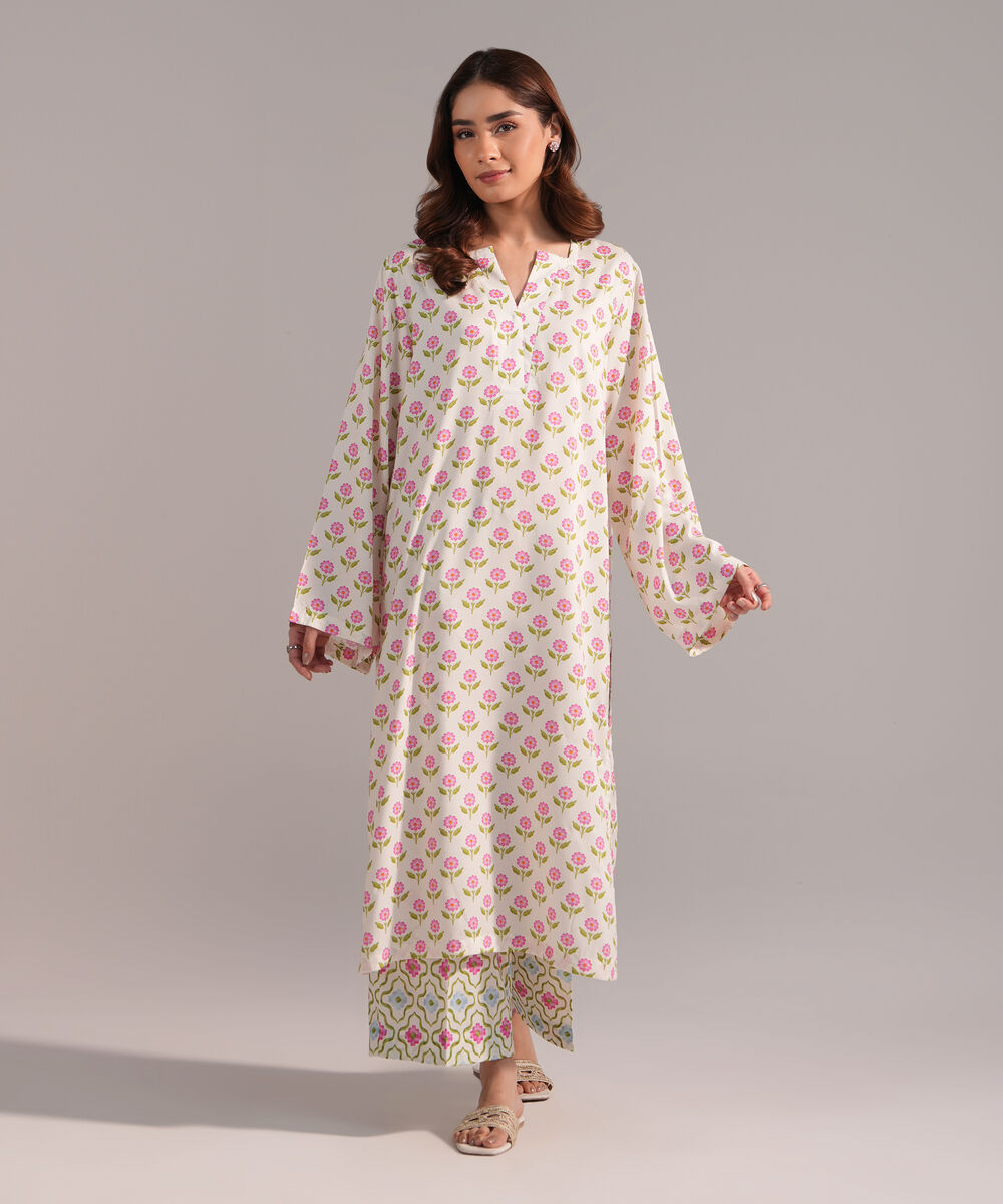 Women's RTW Arabic Lawn Printed White Straight Shirt