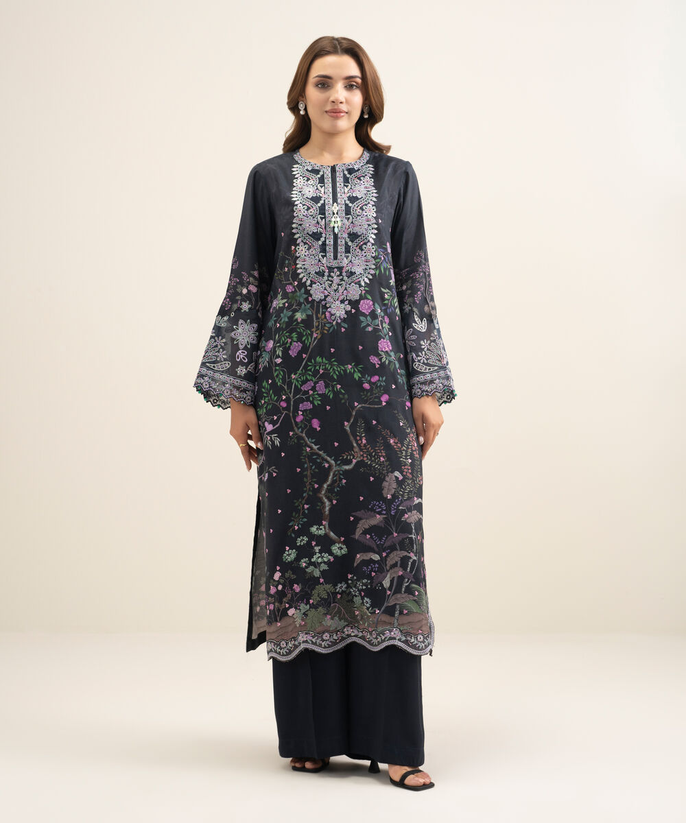 Women's RTW Viscose Raw Silk Embroidered Blue 2 Piece Suit
