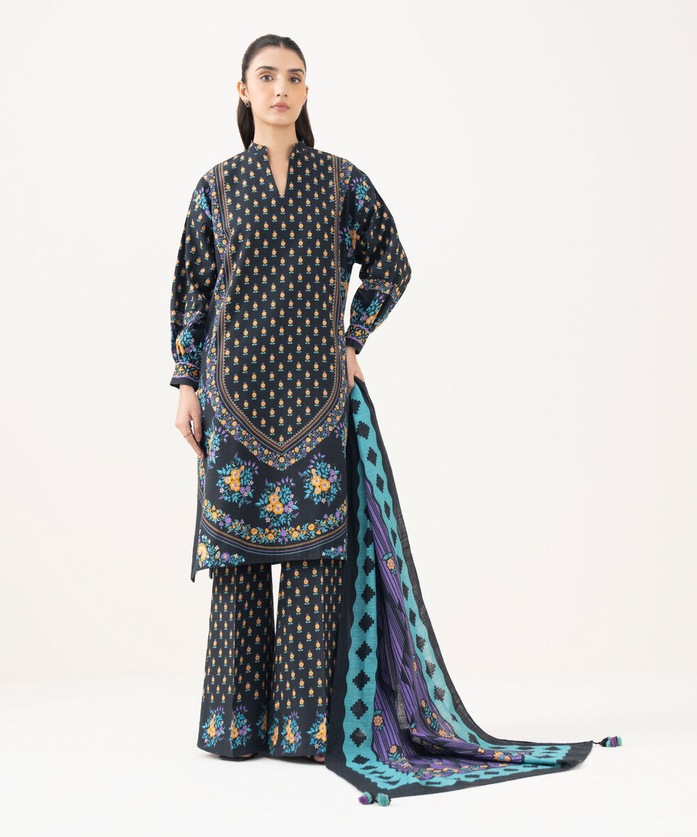 Women's Unstitched Printed Light Khaddar Black 3 Piece Suit
