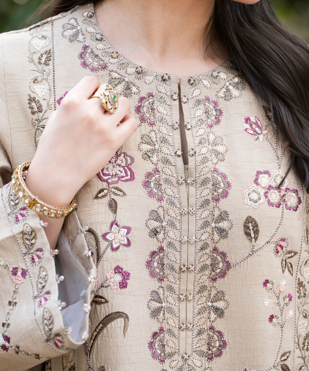Women's Unstitched Embroidered Viscose Raw Silk Beige 3 Piece Suit
