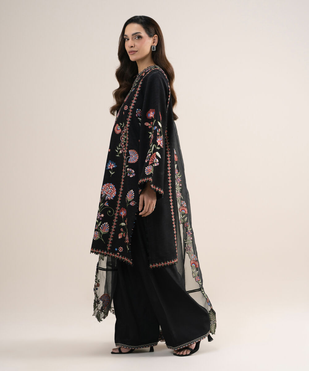 Women's Unstitched Embroidered Viscose Raw Silk Black 3 Piece Suit