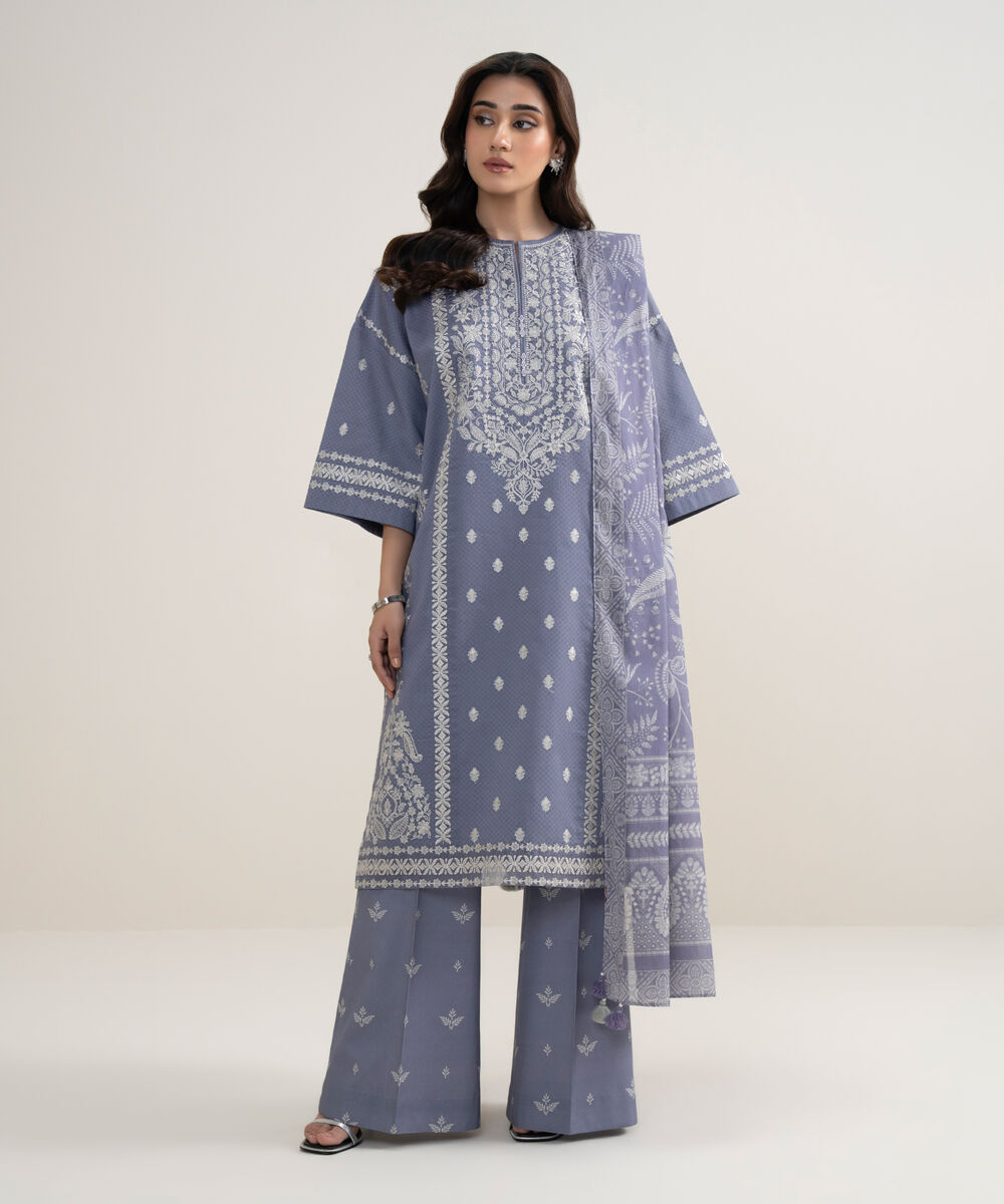 Women's Unstitched Dobby Embroidered Purple 3 Piece Suit