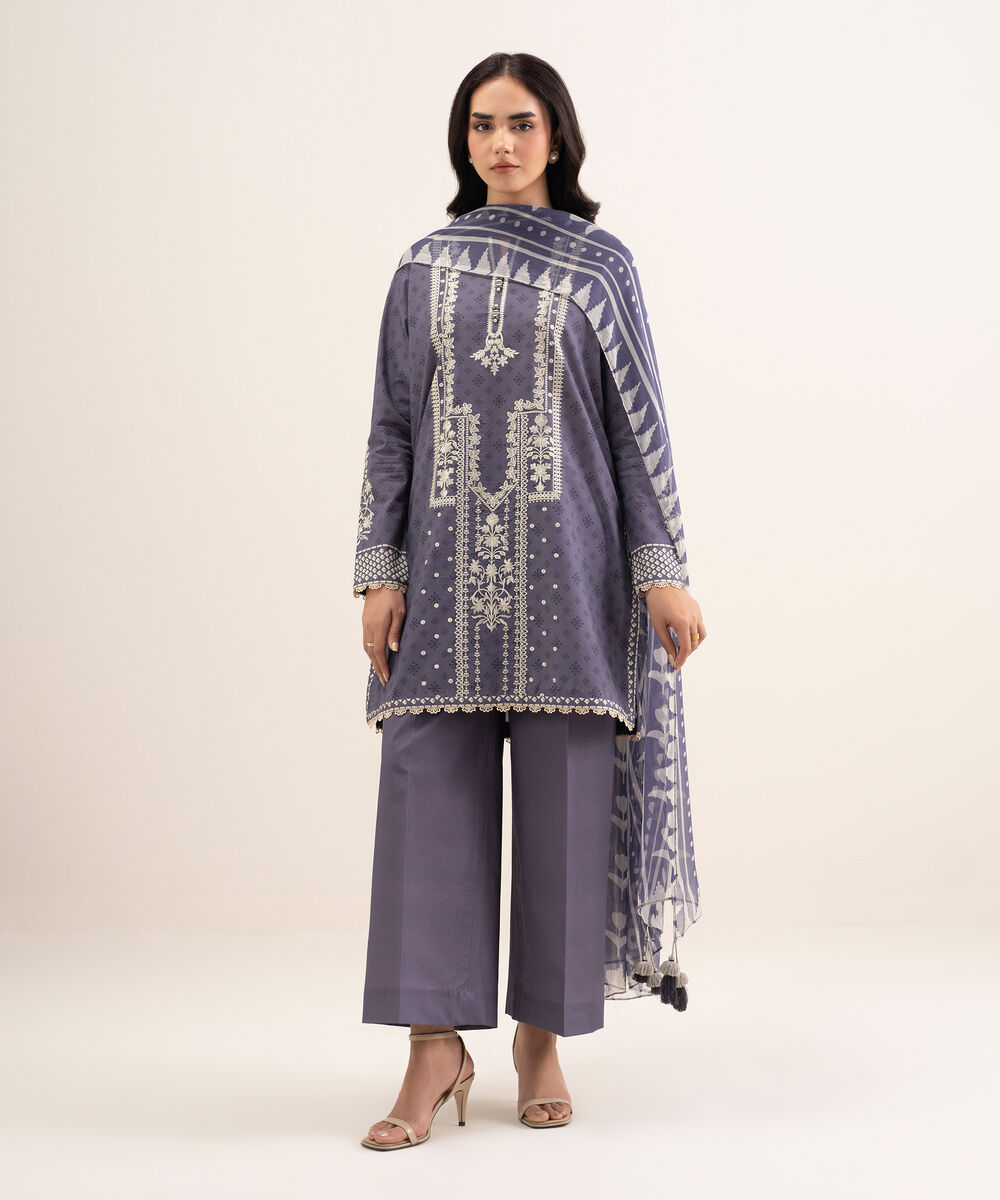 Women's Unstitched Lawn Embroidered Purple 3 Piece Suit