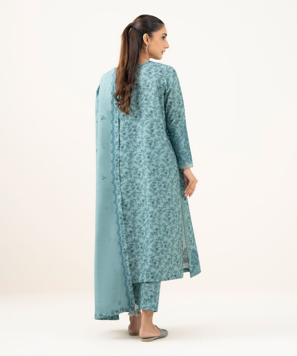 Women's Unstitched Cotton Embroidered Blue 3 Piece Suit