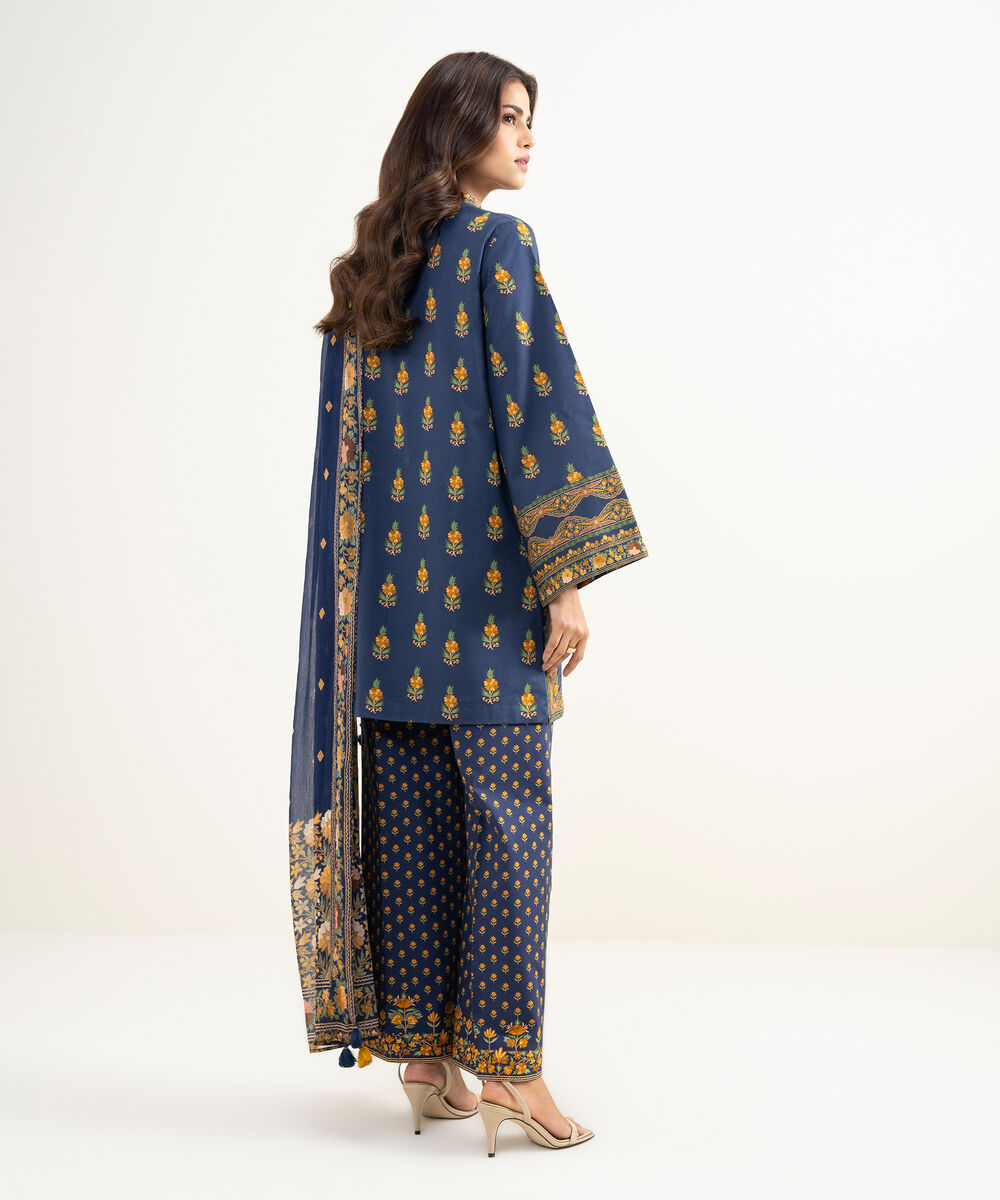 Women's Unstitched Lawn Printed Blue 3 Piece Suit