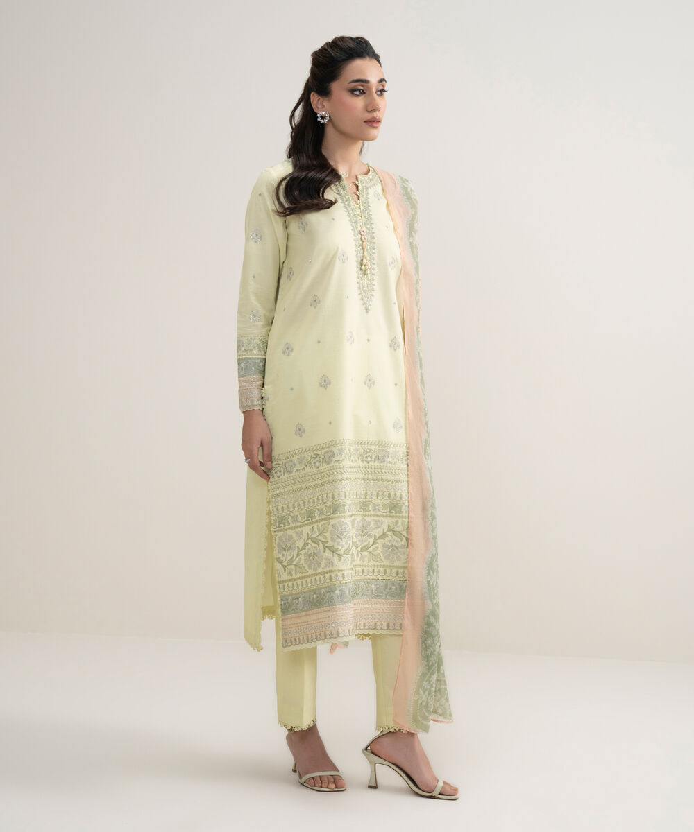 Women's Unstitched Lawn Embroidered Yellow 3 Piece Suit