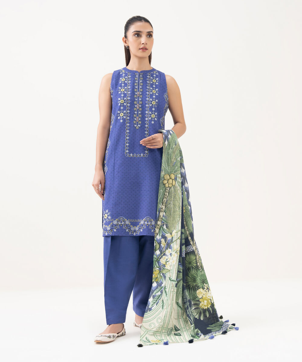 Women's Unstitched Khaddar Embroidered Blue  3 Piece Suit