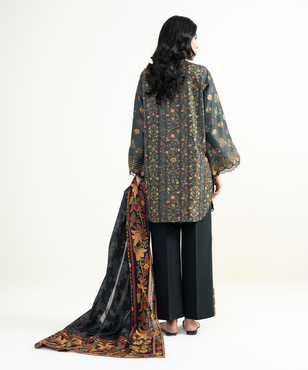Women's Unstitched Zari Lawn Black   Printed 3 Piece Suit
