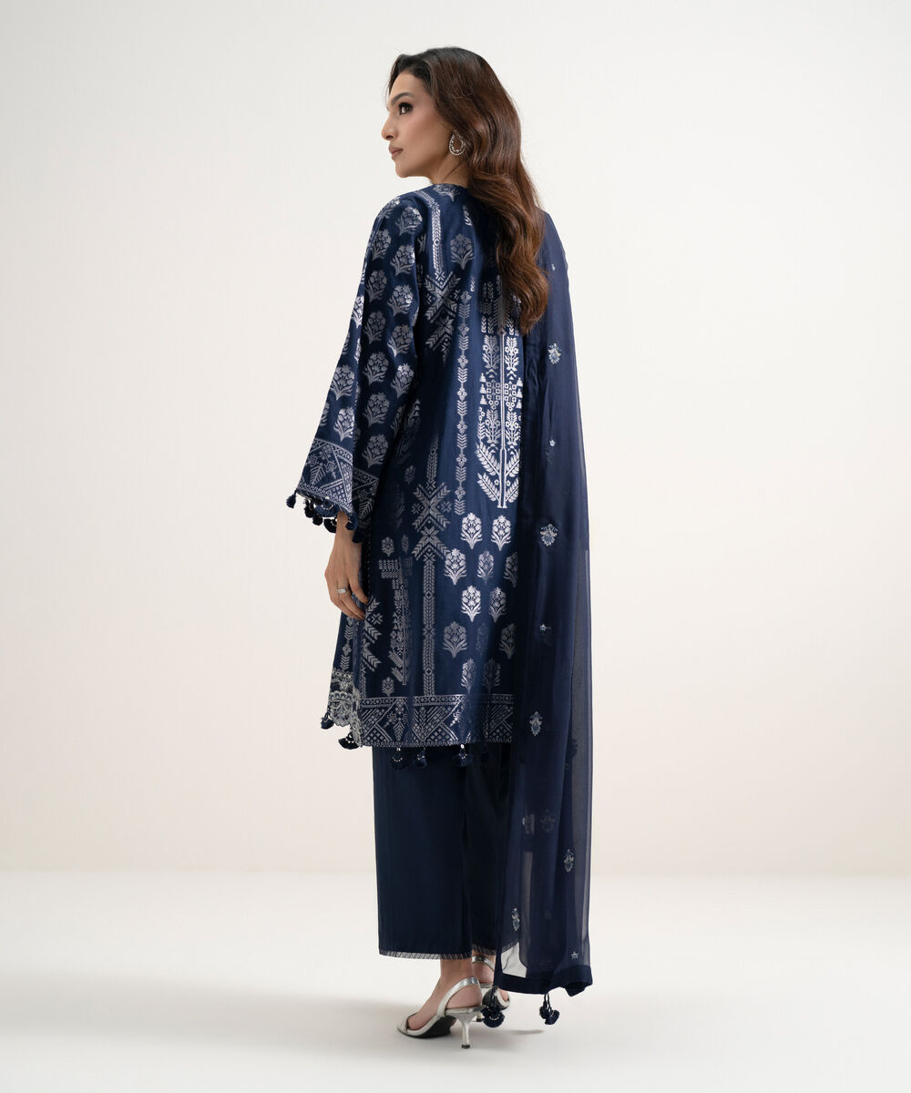 Women's Unstitched Extra Weft Jacquard Embroidered Blue 3 Piece Suit