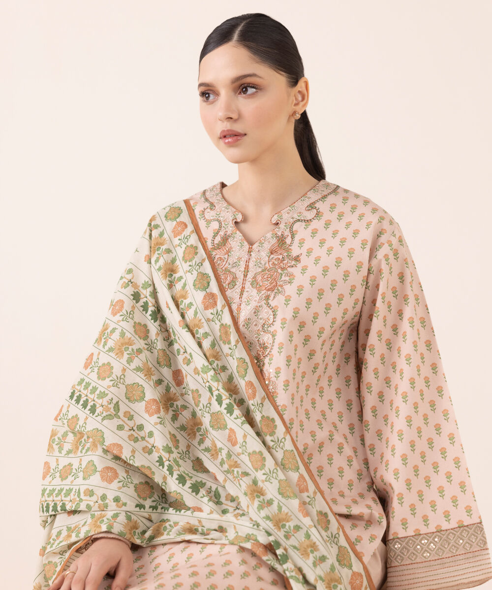 Women's Unstitched Cotton Embroidered Peach Three Piece Suit