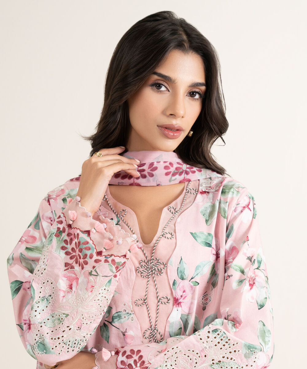 Women's Unstitched Lawn Embroidered Pink 3 Piece Suit