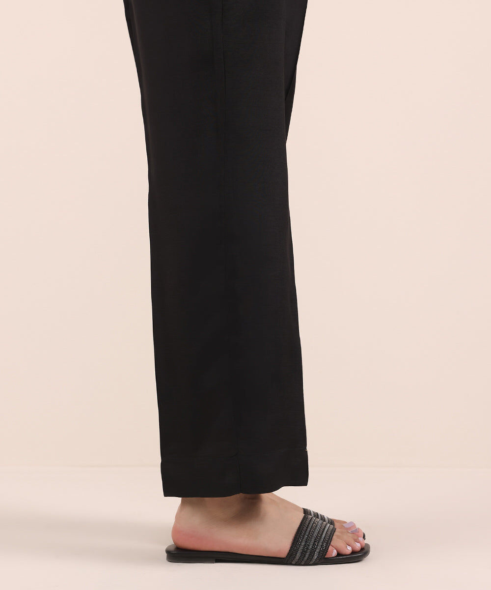 Woman - Black Raw Silk Straight Pants