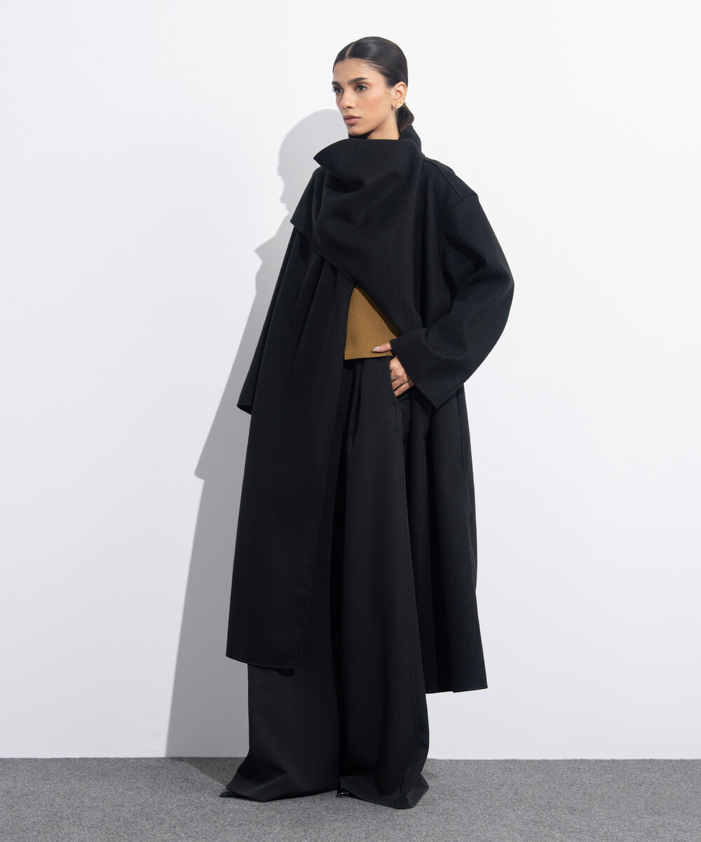 Women's Western Wear Black Long Coat With Scarf