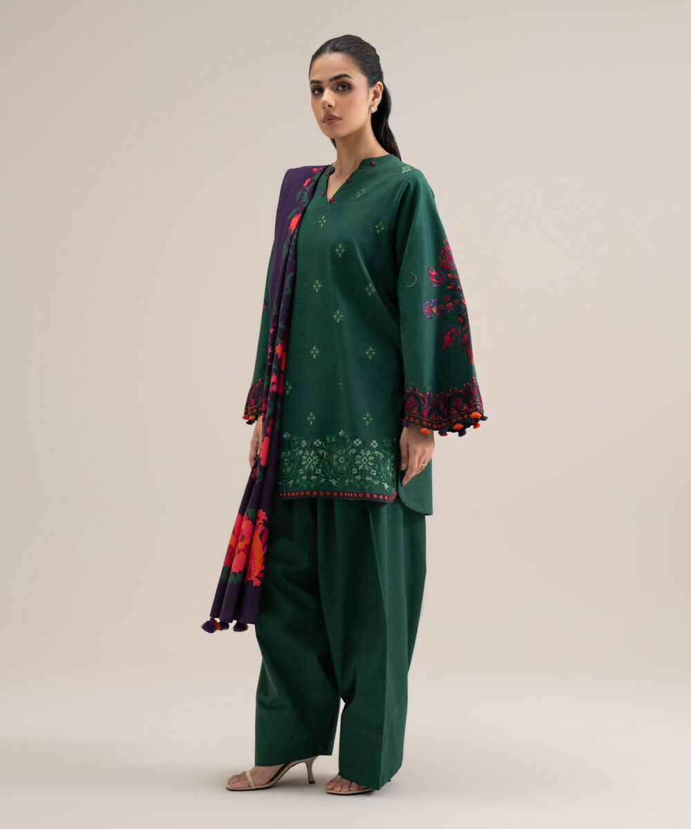 Women's Unstitched Cotton Embroidered Green 3 Piece Suit