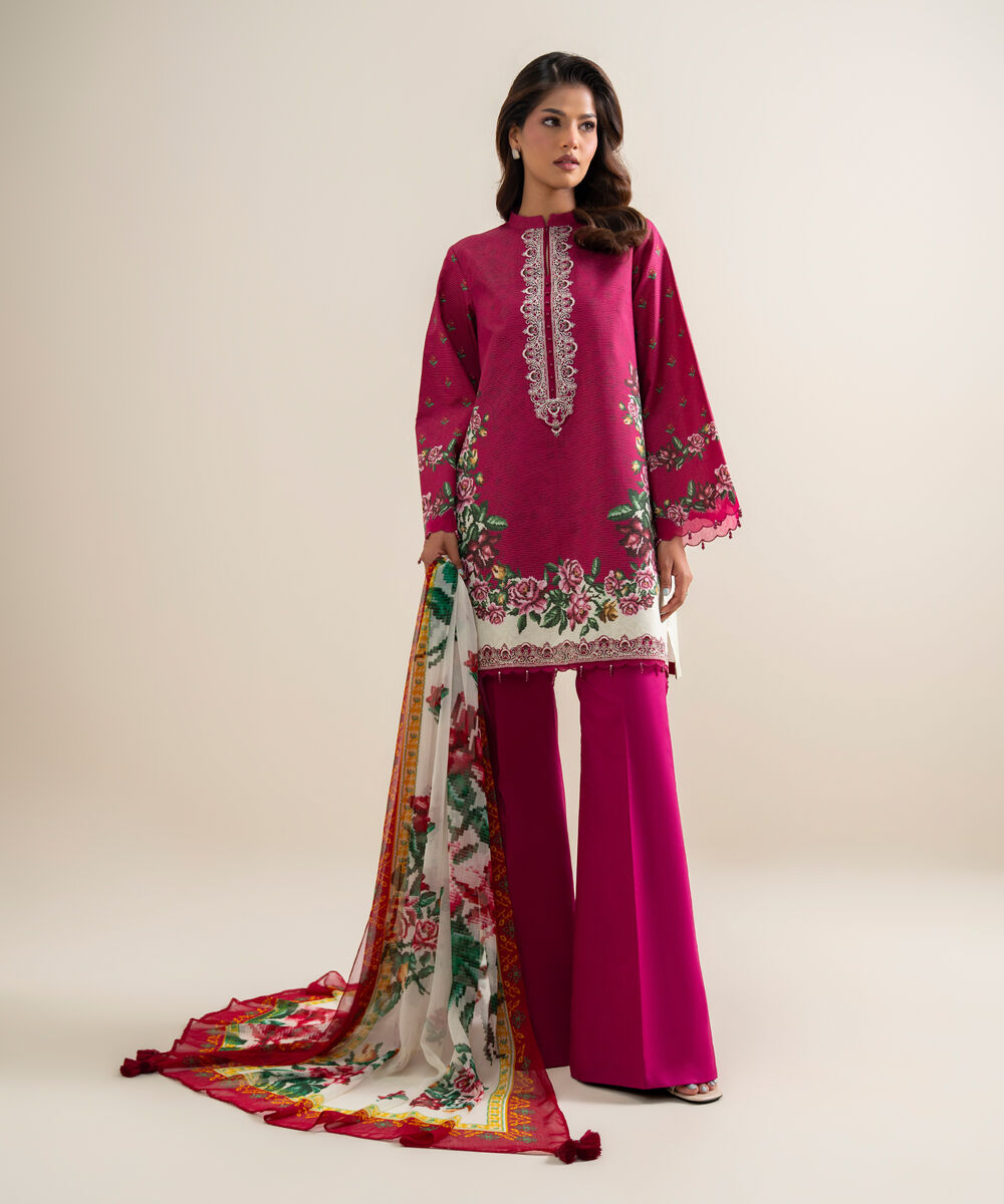 Women's Unstitched Zari Cotton Embroidered Pink 3 Piece Suit