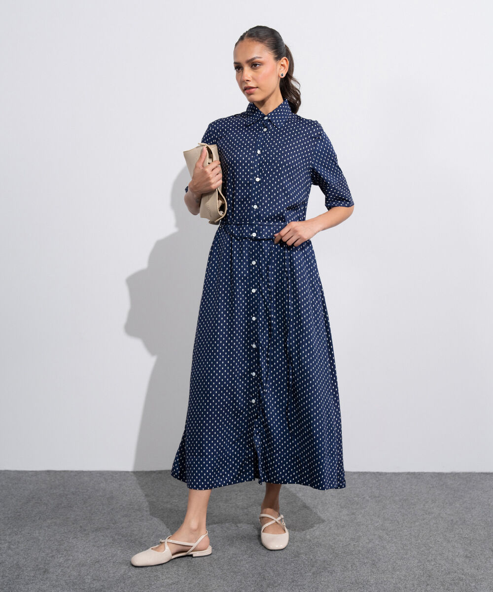 Women's Western Blue And  White Polka Dots Flowy Dress