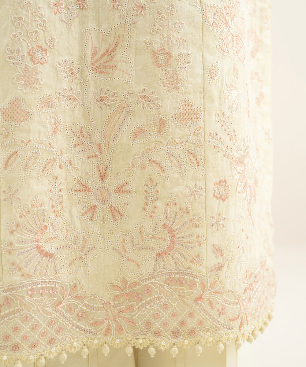 Women's Unstitched Cotton Jacquard Embroidered Off White 3 Piece Suit