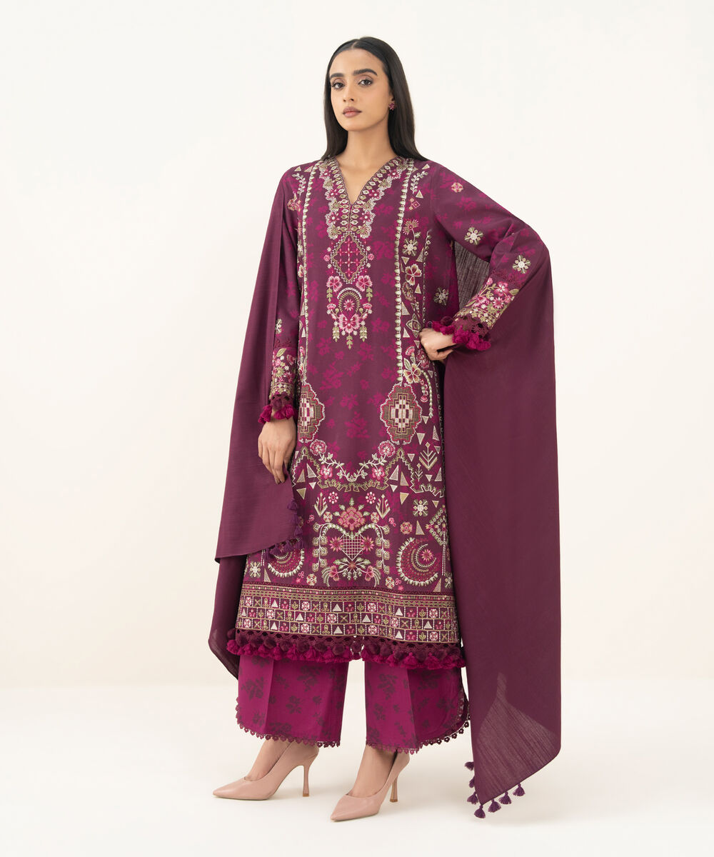 Women's Unstitched Embroidered Twill Plum 3 Piece Suit