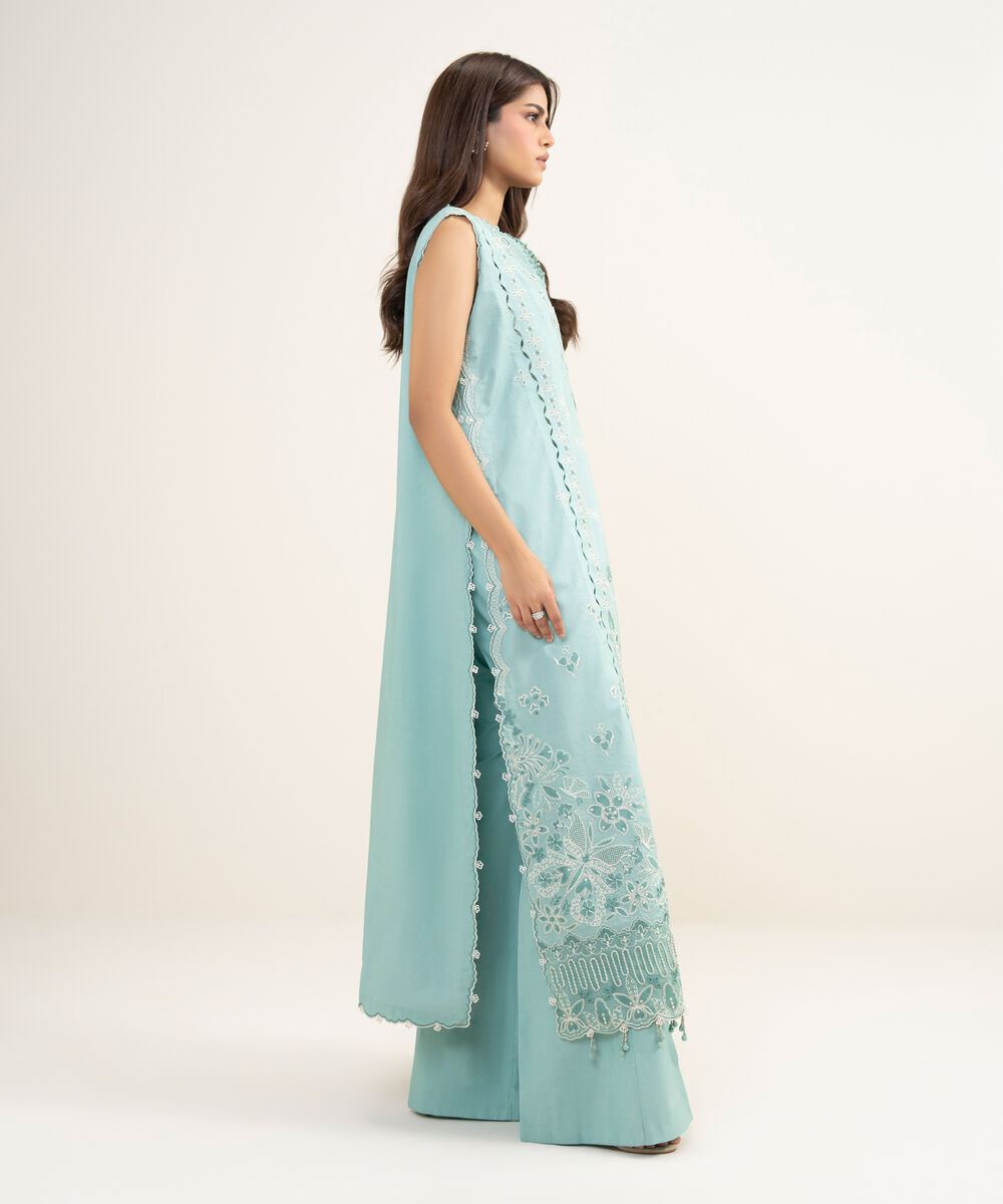 Women's Unstitched Textured Lawn Embroidered Blue 3 Piece Suit