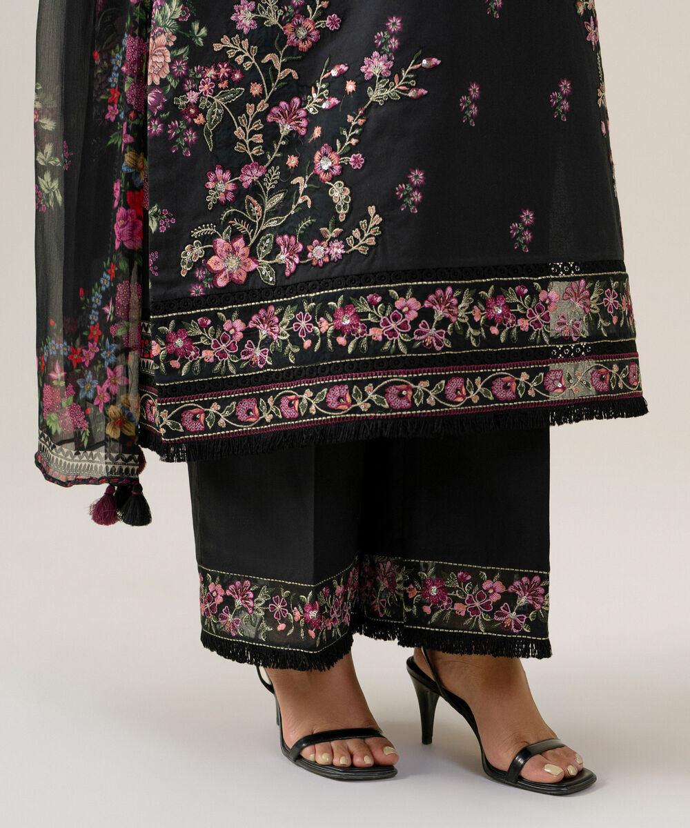Women's Unstitched Blended Chiffon Printed Black 3 Piece Suit