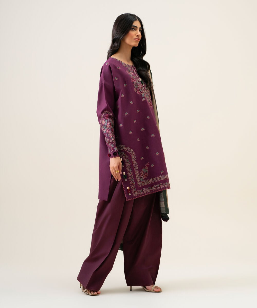 Women's Unstitched Textured Cotton Embroidered Purple 3 Piece Suit