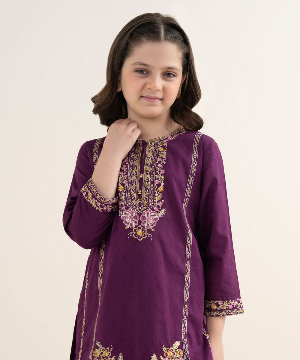 Girl's Self Jacquard Embroidered Purple 2 Piece Suit