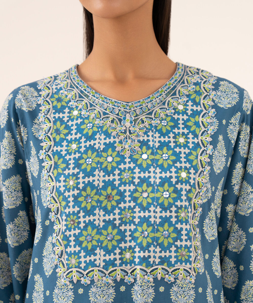 Women's Unstitched Linen Embroidered Blue 3 Piece Suit