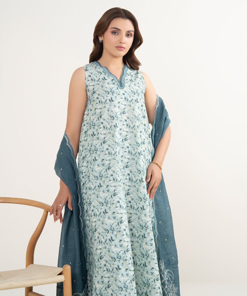 Women's Unstitched Zari Lawn Embroidered Blue 3 Piece Suit