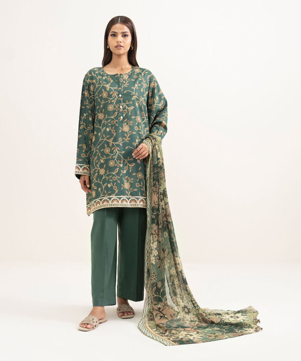 Women's RTW Cotton Viscose Embroidered Green Straight Shirt
