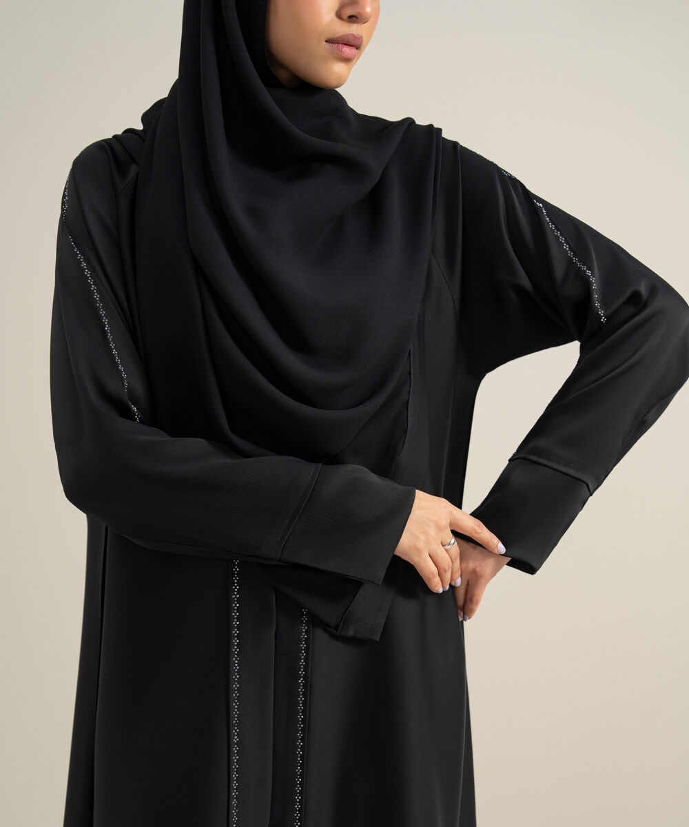 Women's Polyester Black Embellished Raglan Abbaya Set