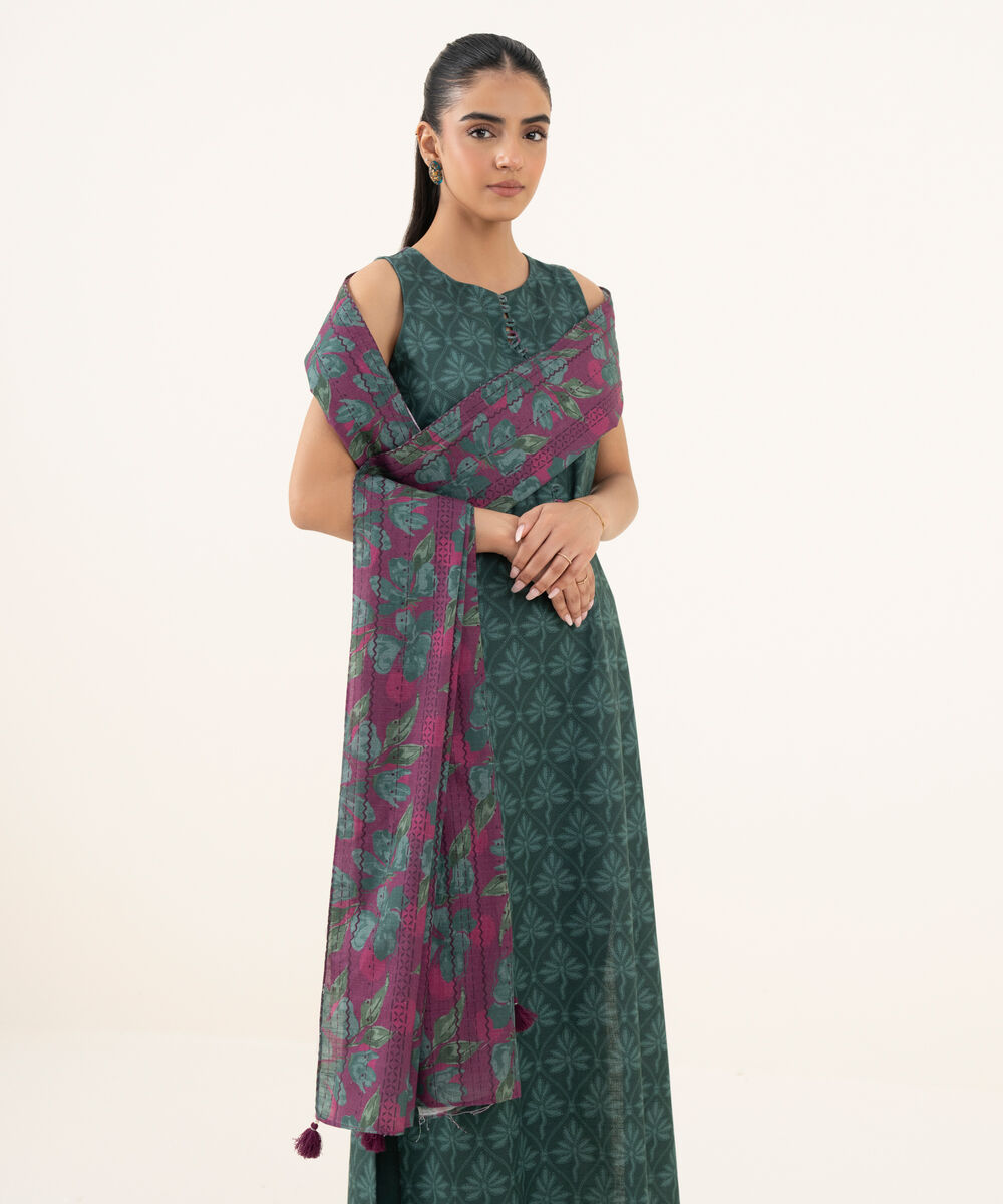 Women's Unstitched Light Khaddar Printed Green Three Piece Suit