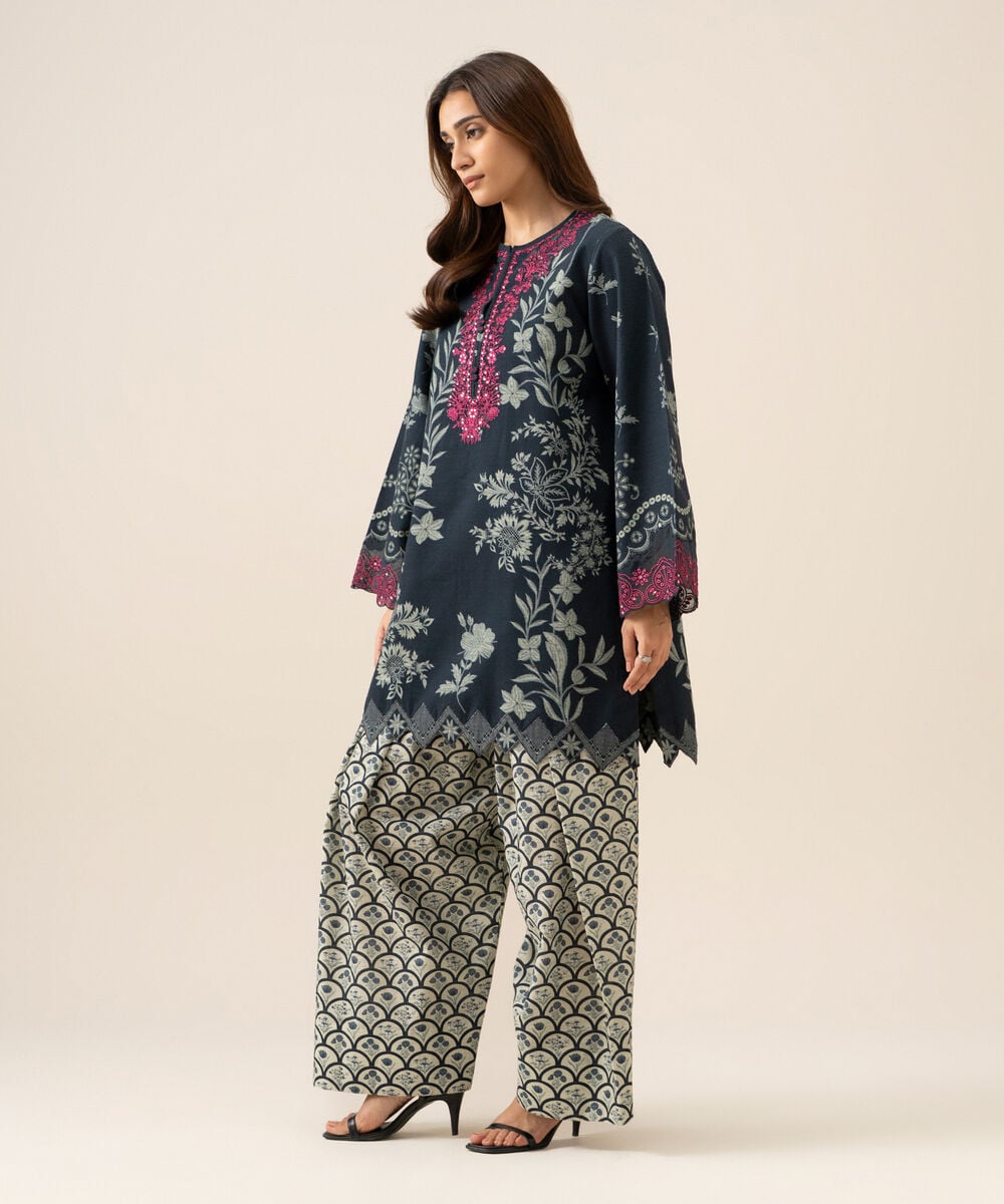 Women's Unstitched Light Khaddar Embroidered Black & White 2 Piece Suit