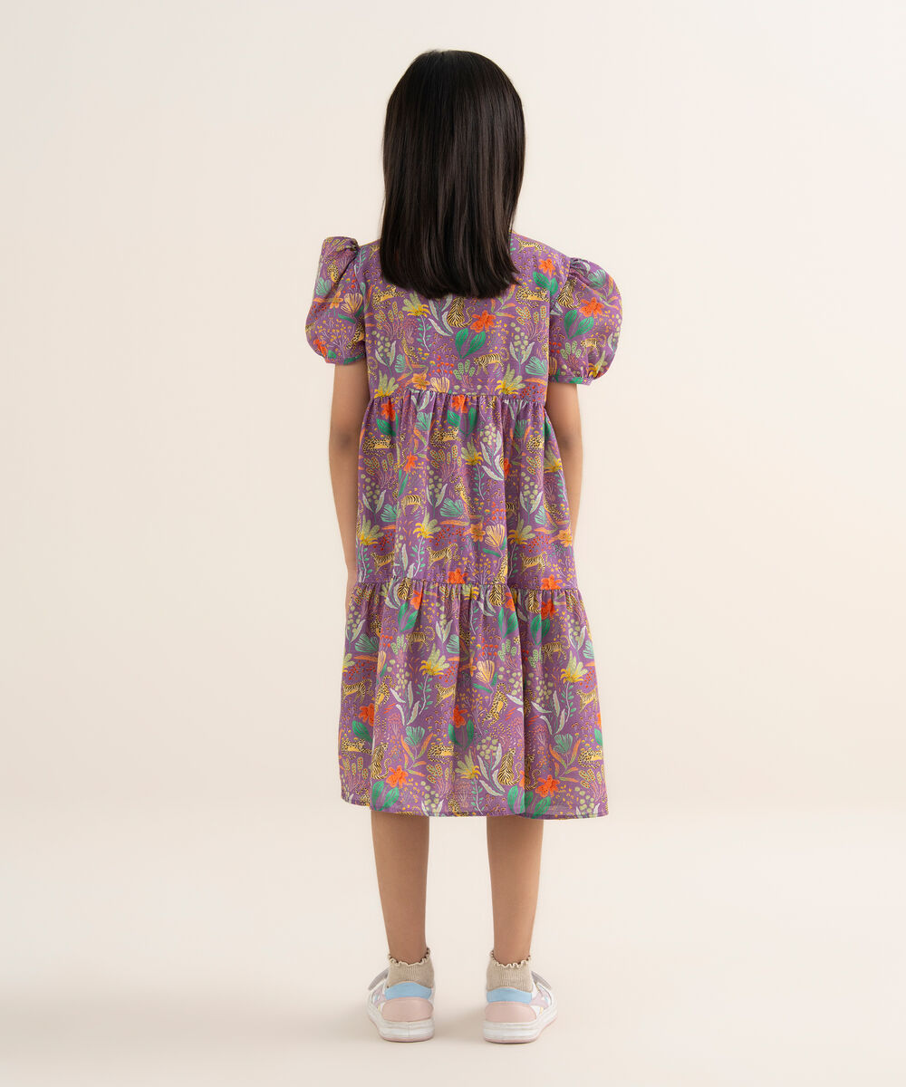 Girl's Khaddar Printed Purple Tier Dress